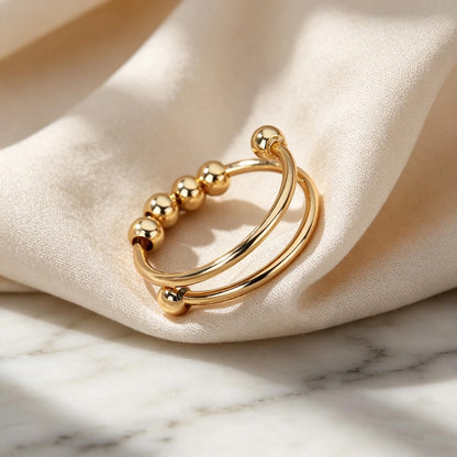Adjustable Anti-Stress Ring for Women – Open Design with Spinning Beads, 18k Gold-Plated Stainless Steel