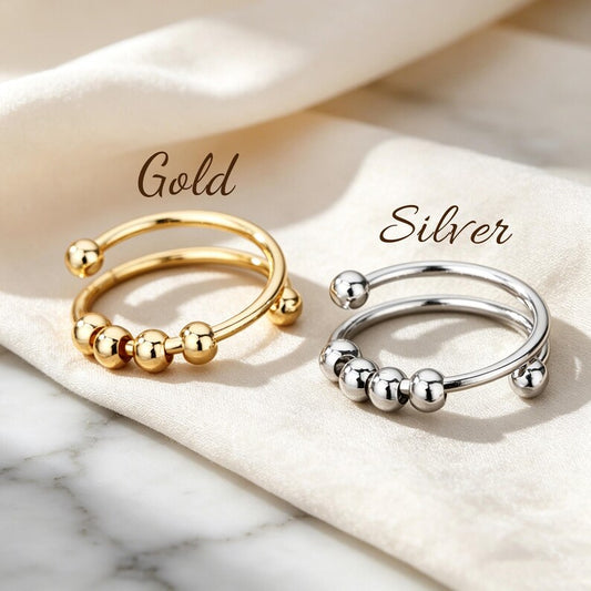 Adjustable Anti-Stress Ring for Women – Open Design with Spinning Beads, 18k Gold-Plated Stainless Steel
