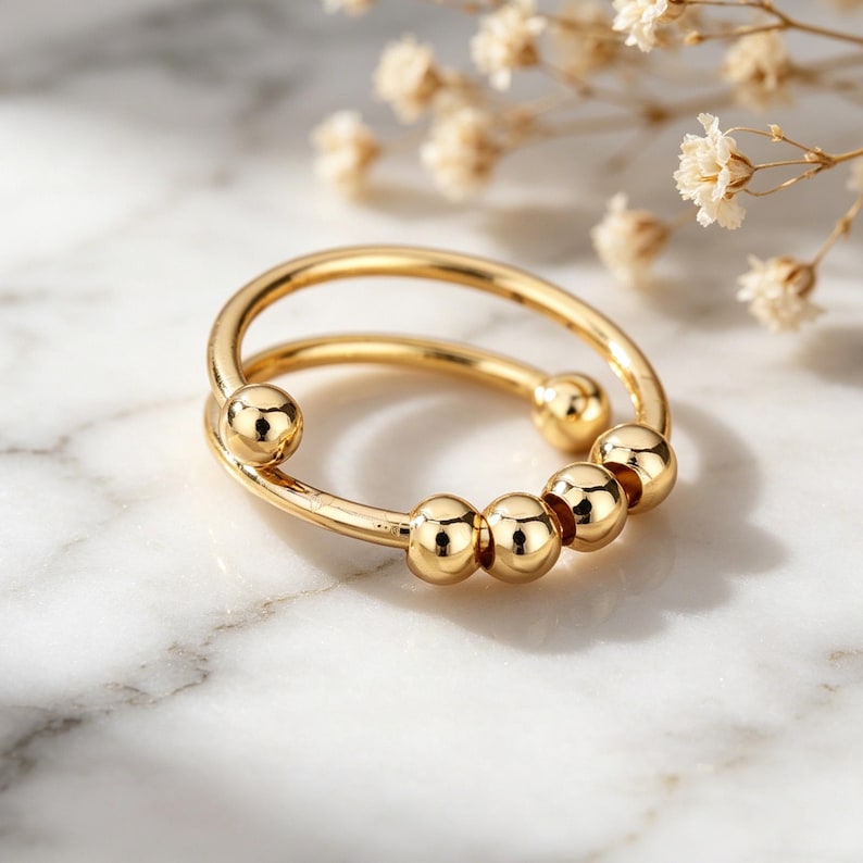 Adjustable Anti-Stress Ring for Women – Open Design with Spinning Beads, 18k Gold-Plated Stainless Steel