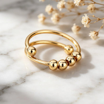 Adjustable Anti-Stress Ring for Women – Open Design with Spinning Beads, 18k Gold-Plated Stainless Steel