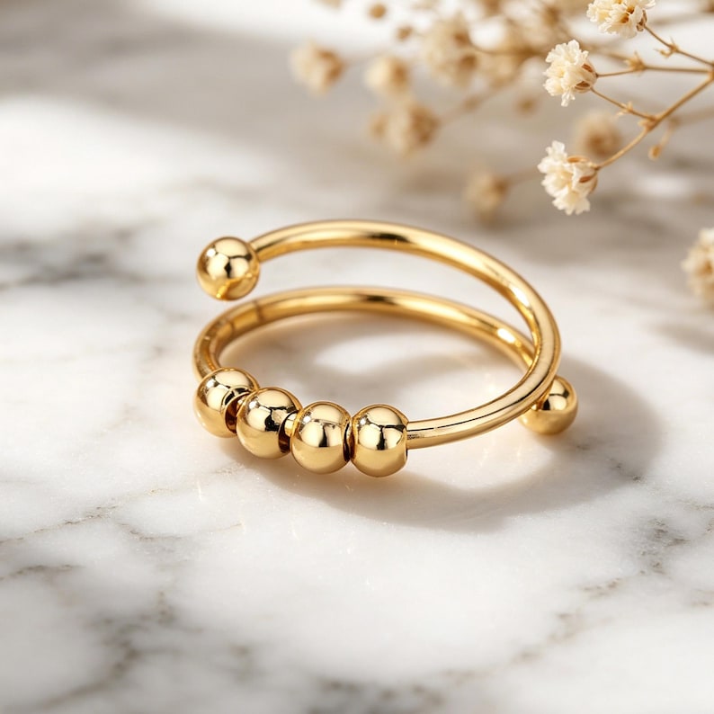 Adjustable Anti-Stress Ring for Women – Open Design with Spinning Beads, 18k Gold-Plated Stainless Steel