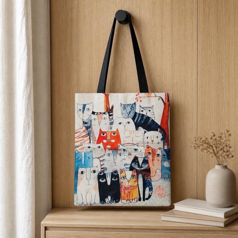 Eco-friendly bag with a print of various cats, ideal for the beach or as a reusable shopping bag