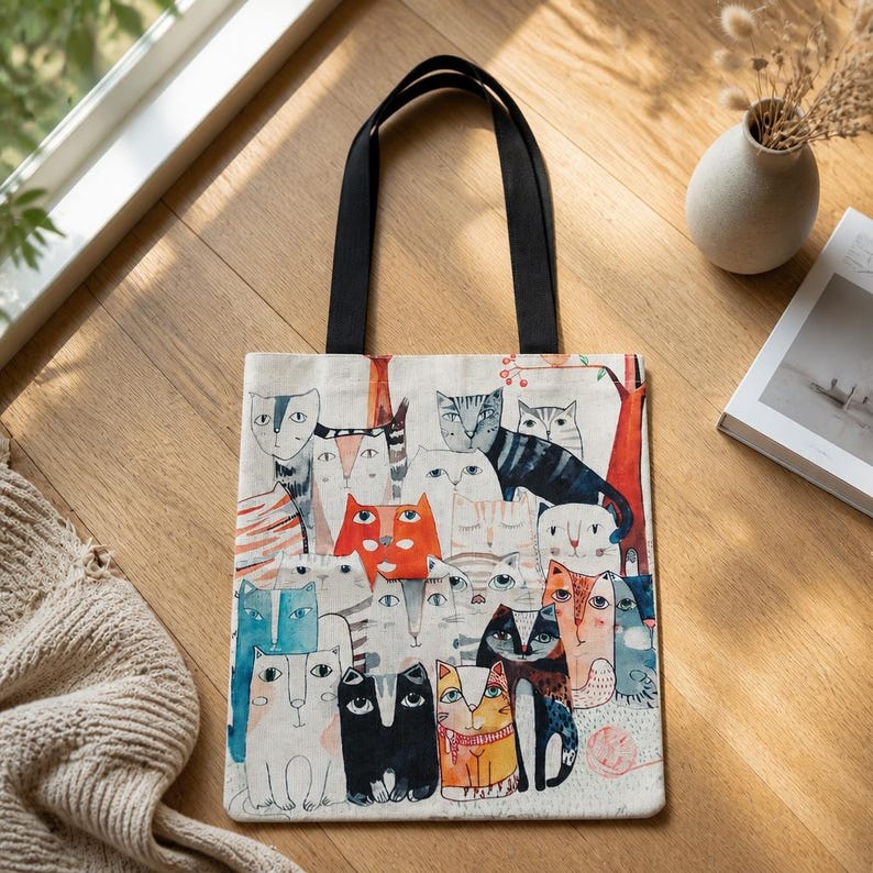 Eco-friendly bag with a print of various cats, ideal for the beach or as a reusable shopping bag