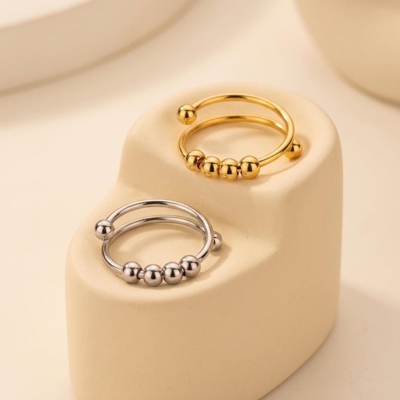 Adjustable Anti-Stress Ring for Women – Open Design with Spinning Beads, 18k Gold-Plated Stainless Steel