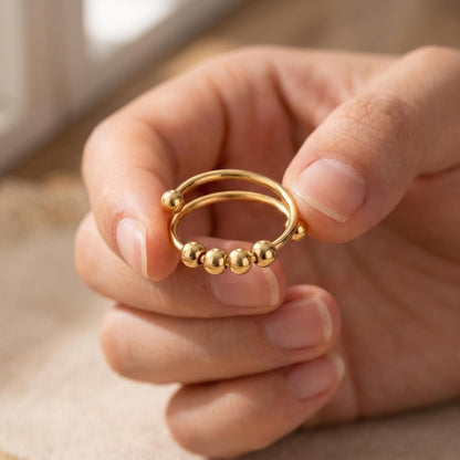 Adjustable Anti-Stress Ring for Women – Open Design with Spinning Beads, 18k Gold-Plated Stainless Steel