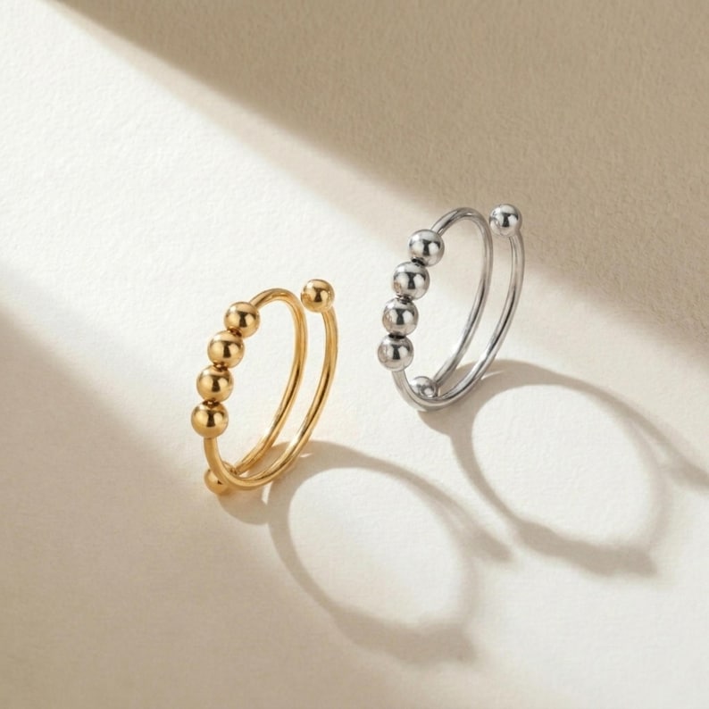 Adjustable Anti-Stress Ring for Women – Open Design with Spinning Beads, 18k Gold-Plated Stainless Steel