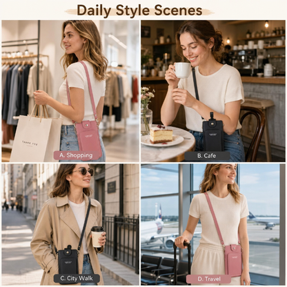 Modern shoulder bag in a solid color, with compartments for cell phone, wallets, and document holder