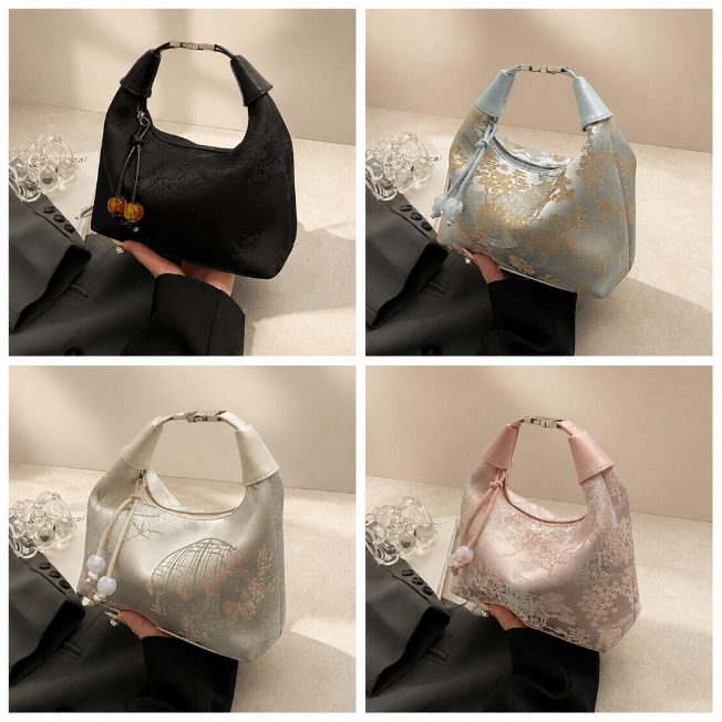 Women's embroidered handbag with zipper, made of silky fabric, adjustable strap