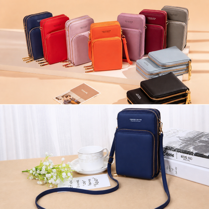 Modern, compact, and secure women's cell phone bag. Holds phones, cards, and documents