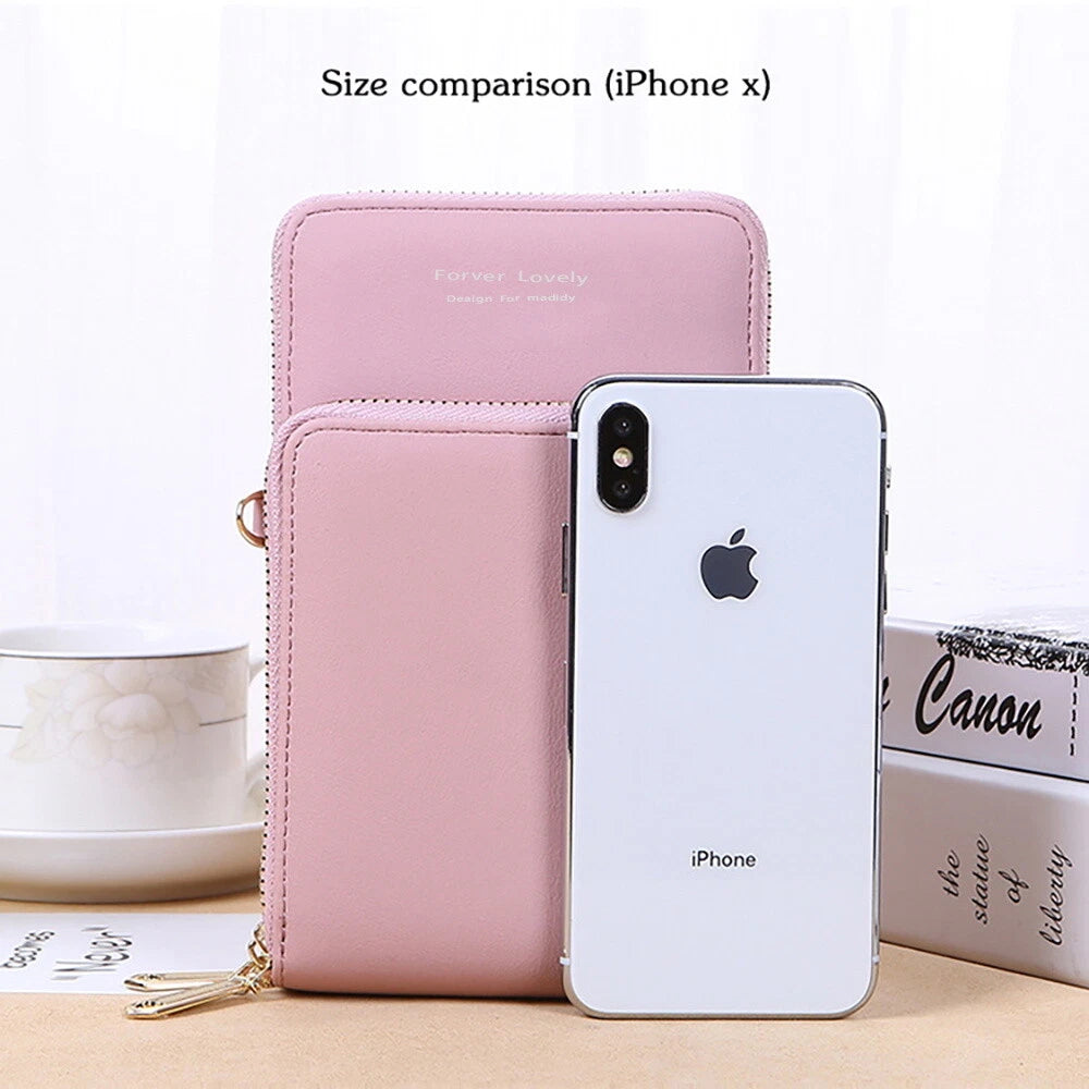 Modern, compact, and secure women's cell phone bag. Holds phones, cards, and documents