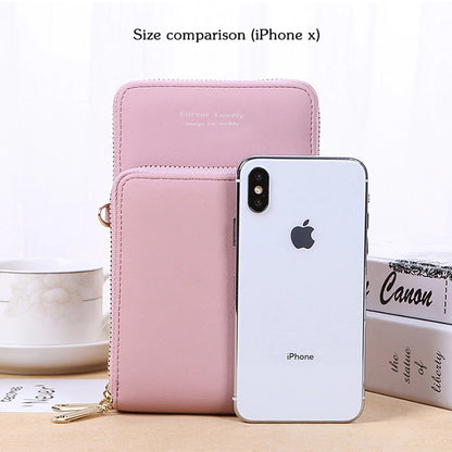 Modern, compact, and secure women's cell phone bag. Holds phones, cards, and documents