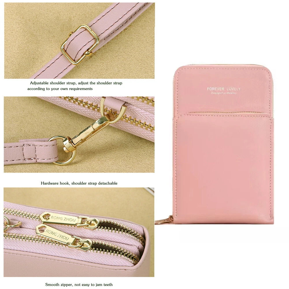 Modern, compact, and secure women's cell phone bag. Holds phones, cards, and documents
