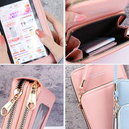 Modern, compact, and secure women's cell phone bag. Holds phones, cards, and documents