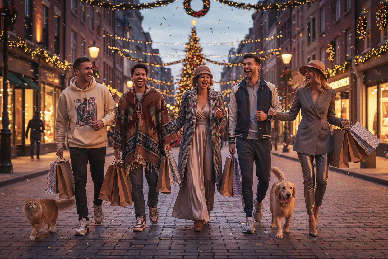três homens e três mulheres amigos com estilos diferentes na cidade com gato e cachorro passeando se divertindo com sacolas de presentes 